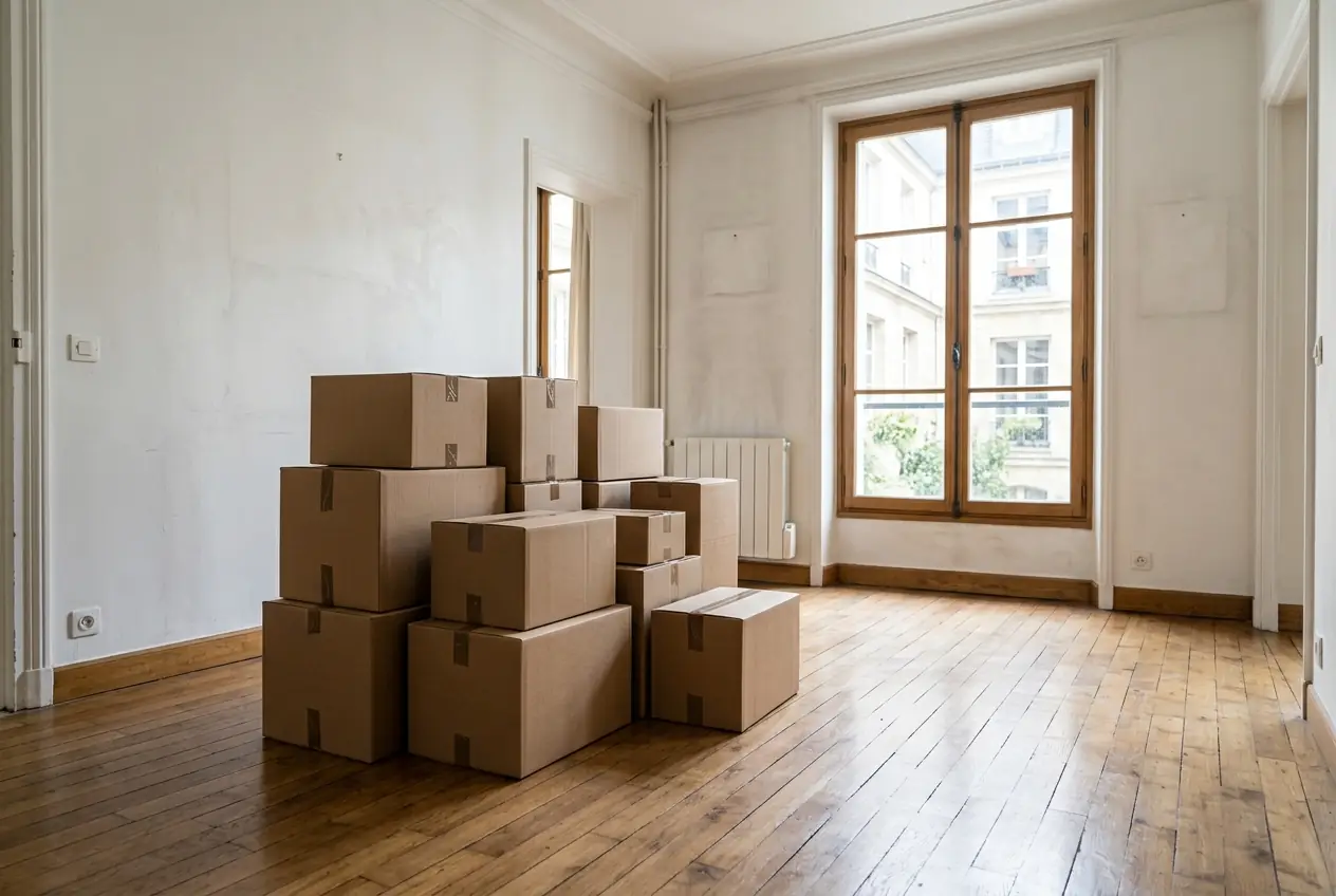 Cartons de déménagement dans un salon vide