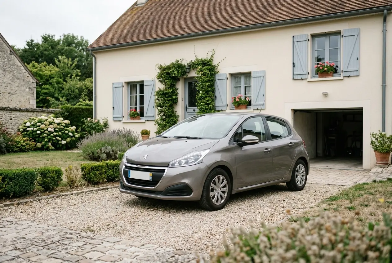 Voiture citadine garée devant une maison